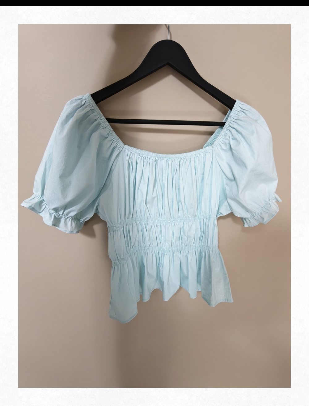 OAK + FORT Light Blue Puff Sleeve Smocked Peplum Top
